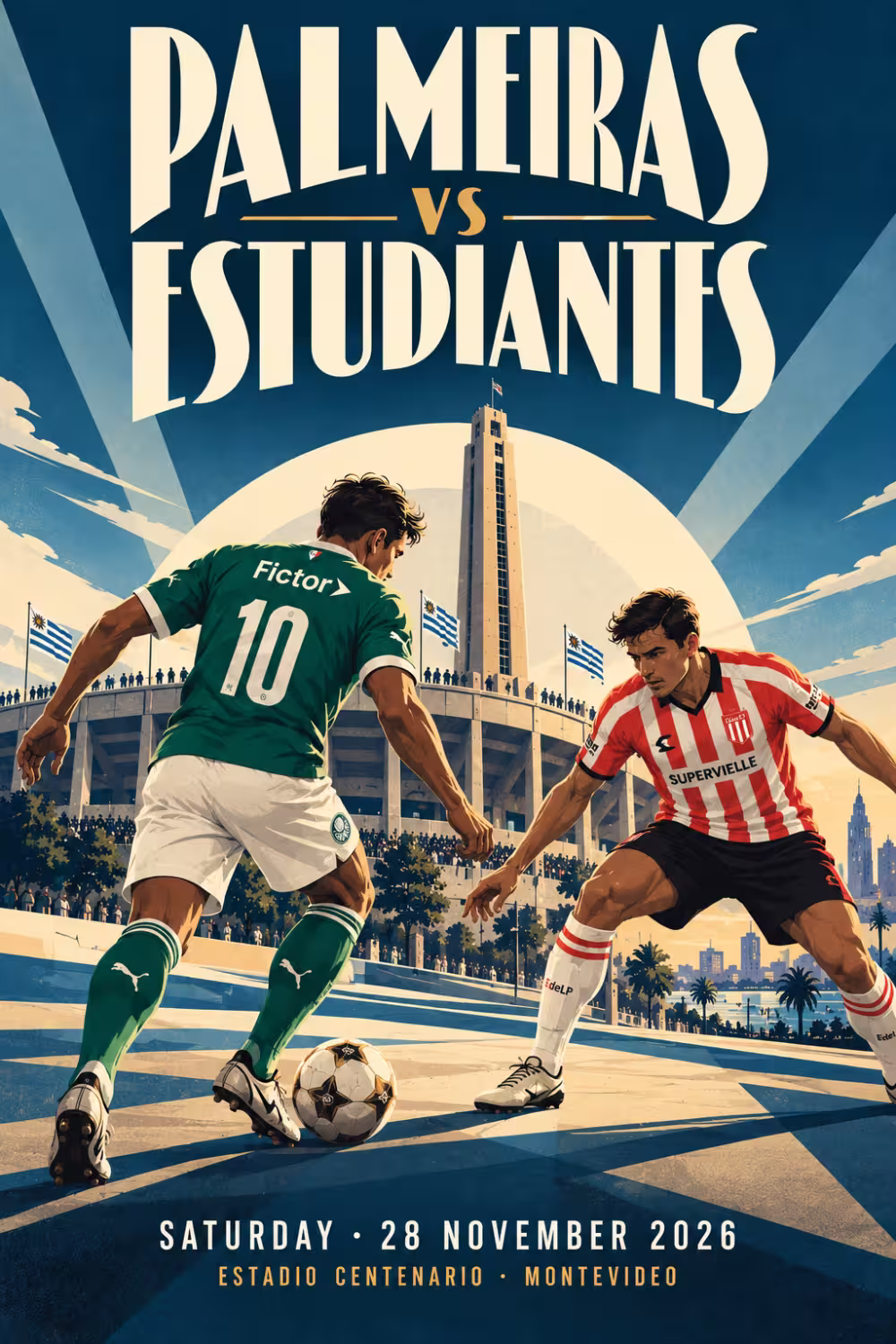 Palmeiras vs Estudiantes Copa Libertadores final poster with the Estadio Centenario tower