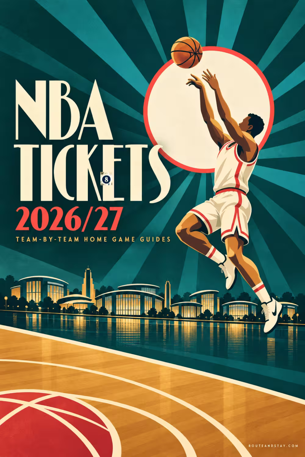 Art deco poster of a basketball player dunking beneath a sunburst, with arena silhouettes and the text NBA Tickets 2026/27 Team-by-Team Home Game Guides