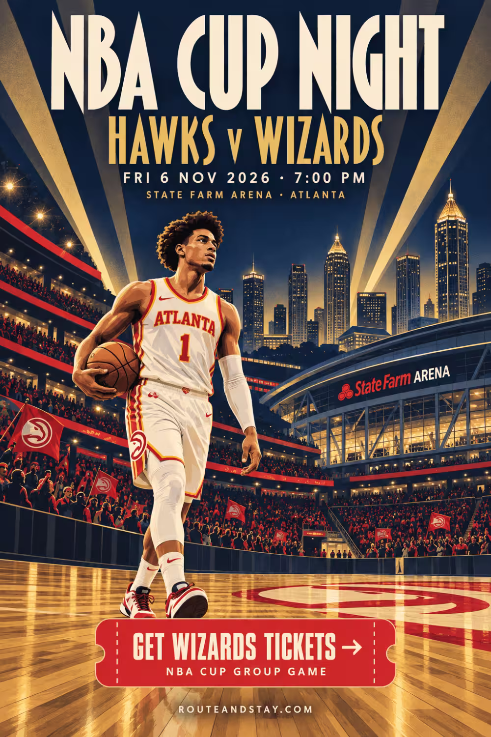 Art deco poster of a basketball player walking onto a court under a spotlight with the text NBA Cup Night, Hawks v Wizards, 6 November 2026.