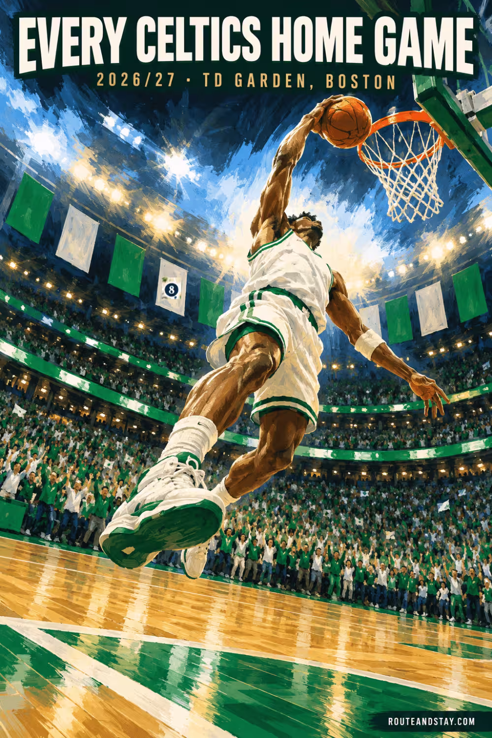Fans in green fill a Boston basketball arena as a beam of light falls across the parquet court, with the text Where to Sit, TD Garden, Boston Celtics, Loge, Balcony and Club.