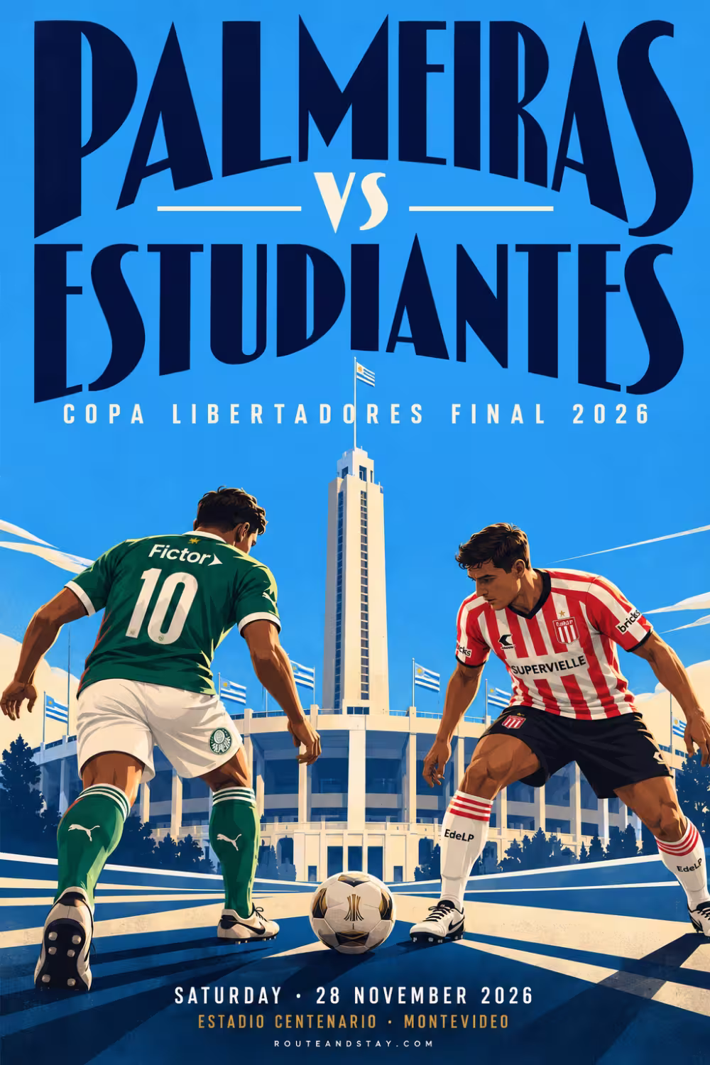 Copa Libertadores final 2026 poster, Palmeiras vs Estudiantes at the Estadio Centenario