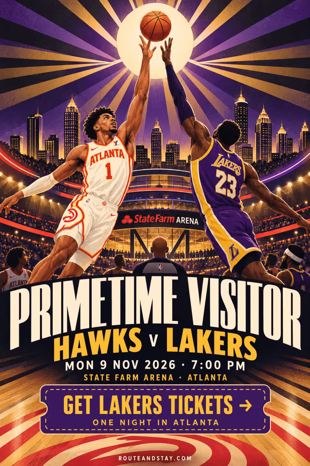 Art deco poster of two basketball players in a jump ball with the text Primetime Visitor, Hawks v Lakers, 9 November 2026.