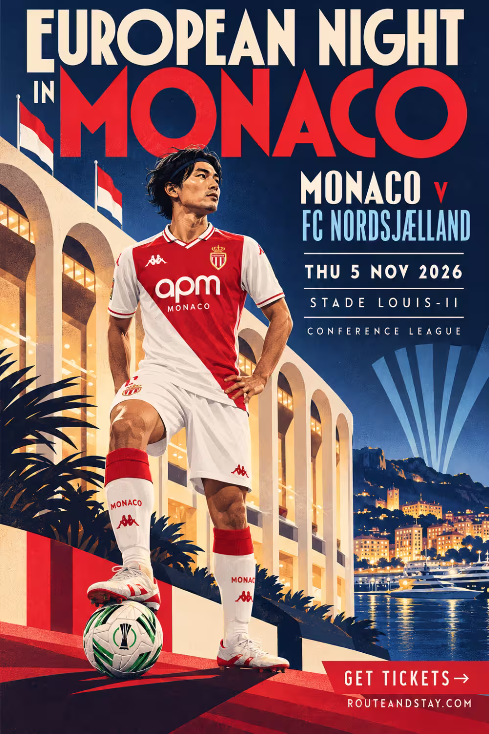 Monaco v Nordsjaelland poster — European Night in Monaco, Conference League at the Stade Louis II on 5 November 2026