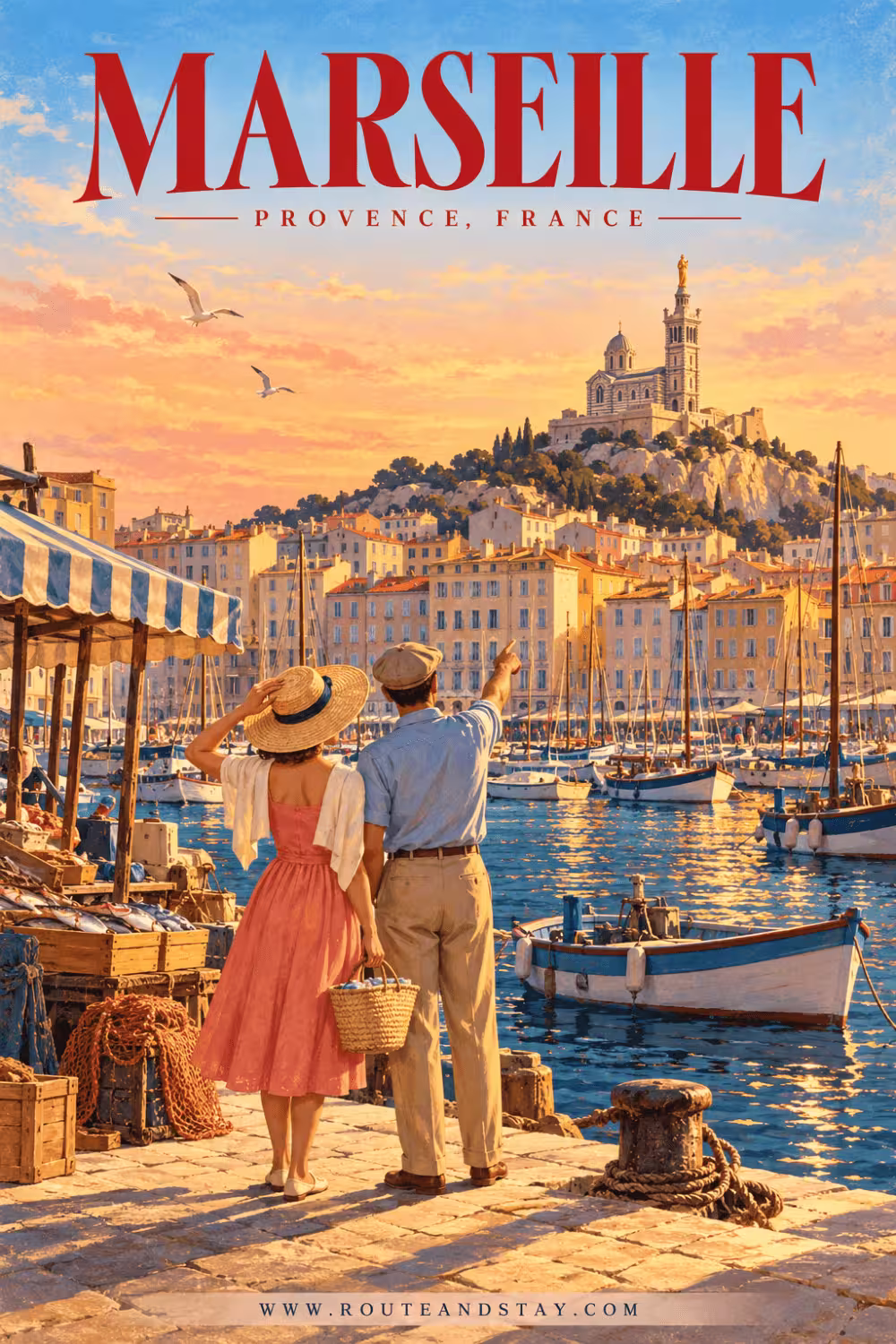 Marseille's Vieux-Port at golden hour with Notre-Dame de la Garde above, beside a list titled 8 Must See in Marseille, France