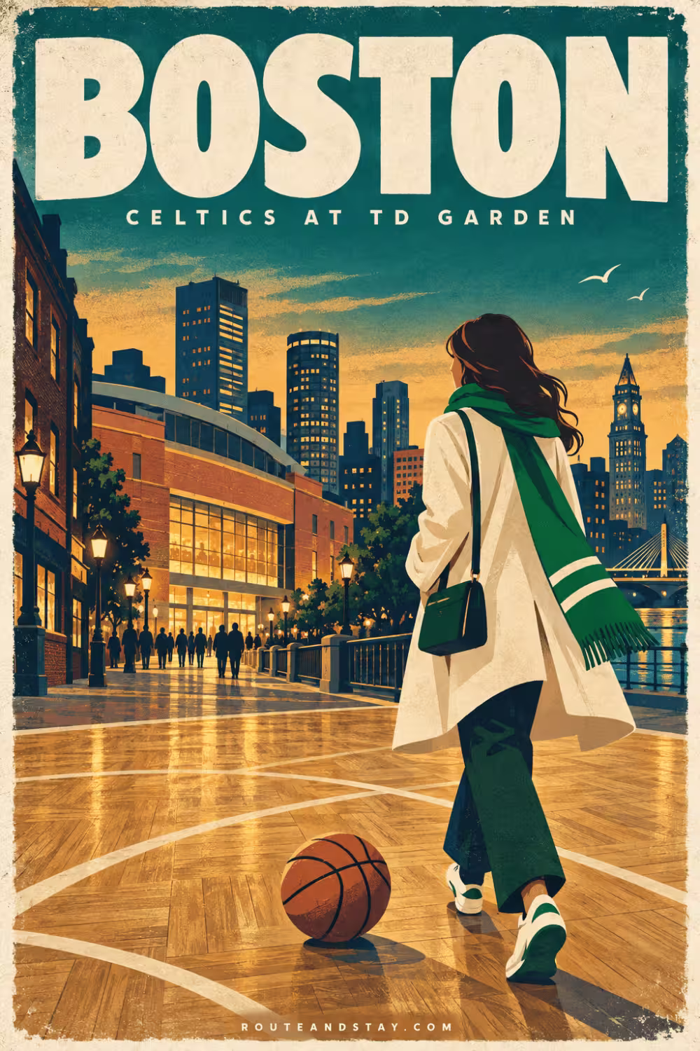 Retro screenprint-style poster of a basketball player dribbling in a green and white kit against a gold sun and parquet court, with the text Boston Celtics 2026/27, TD Garden, Boston.