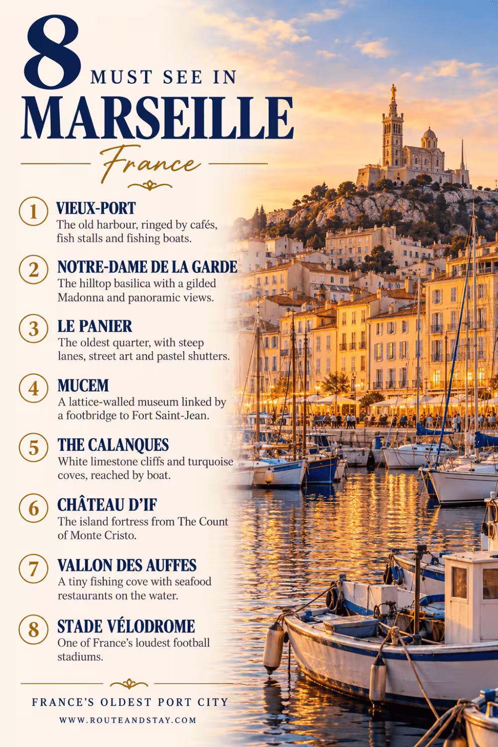 Vintage-style travel poster of a couple looking across Marseille's Vieux-Port toward Notre-Dame de la Garde at golden hour, with the title Marseille, Provence, France