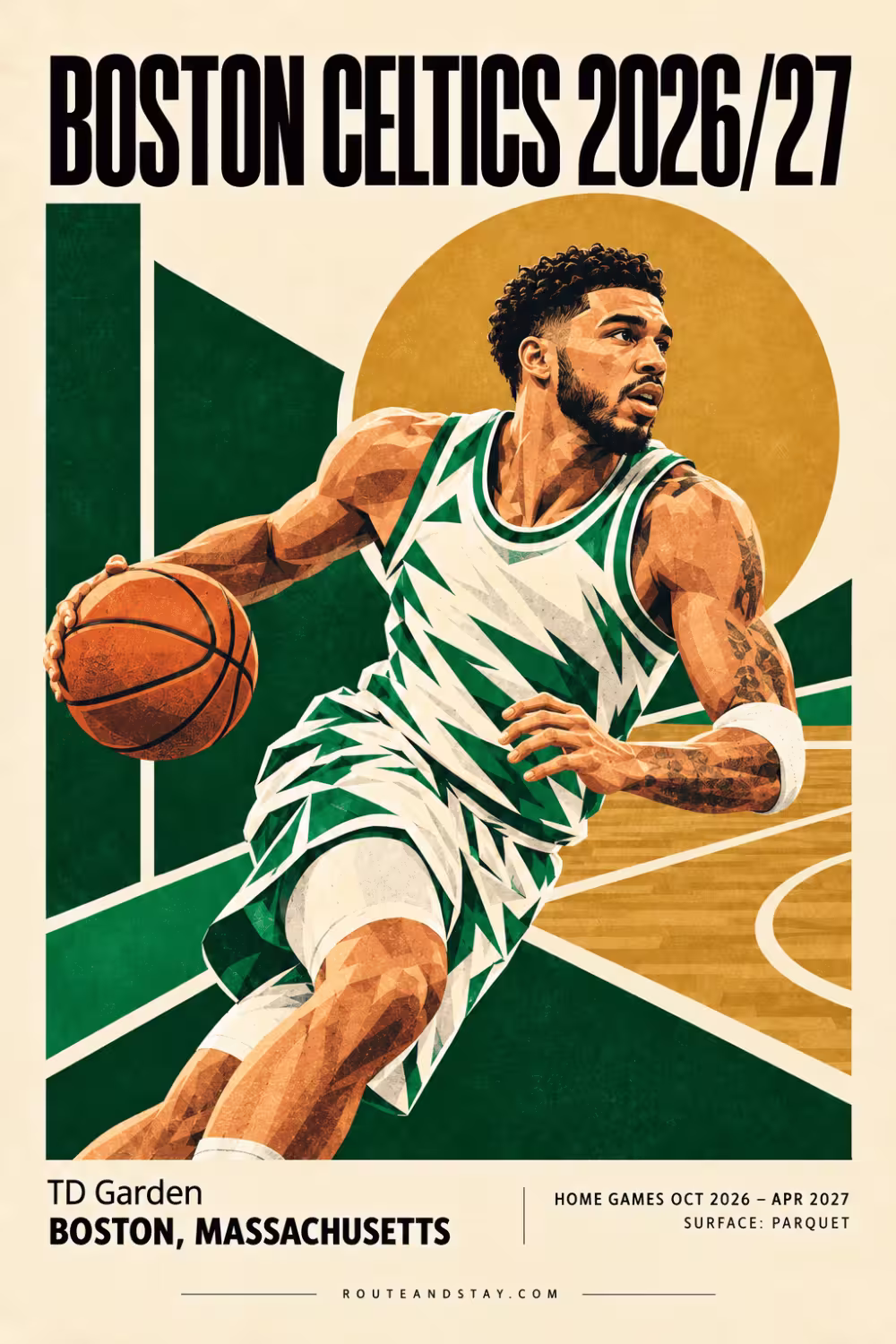 Vintage travel poster of a fan in a green scarf and cream coat walking toward a Boston arena at dusk, with the skyline behind and a basketball on a parquet promenade, with the text Boston and Celtics at TD Garden.