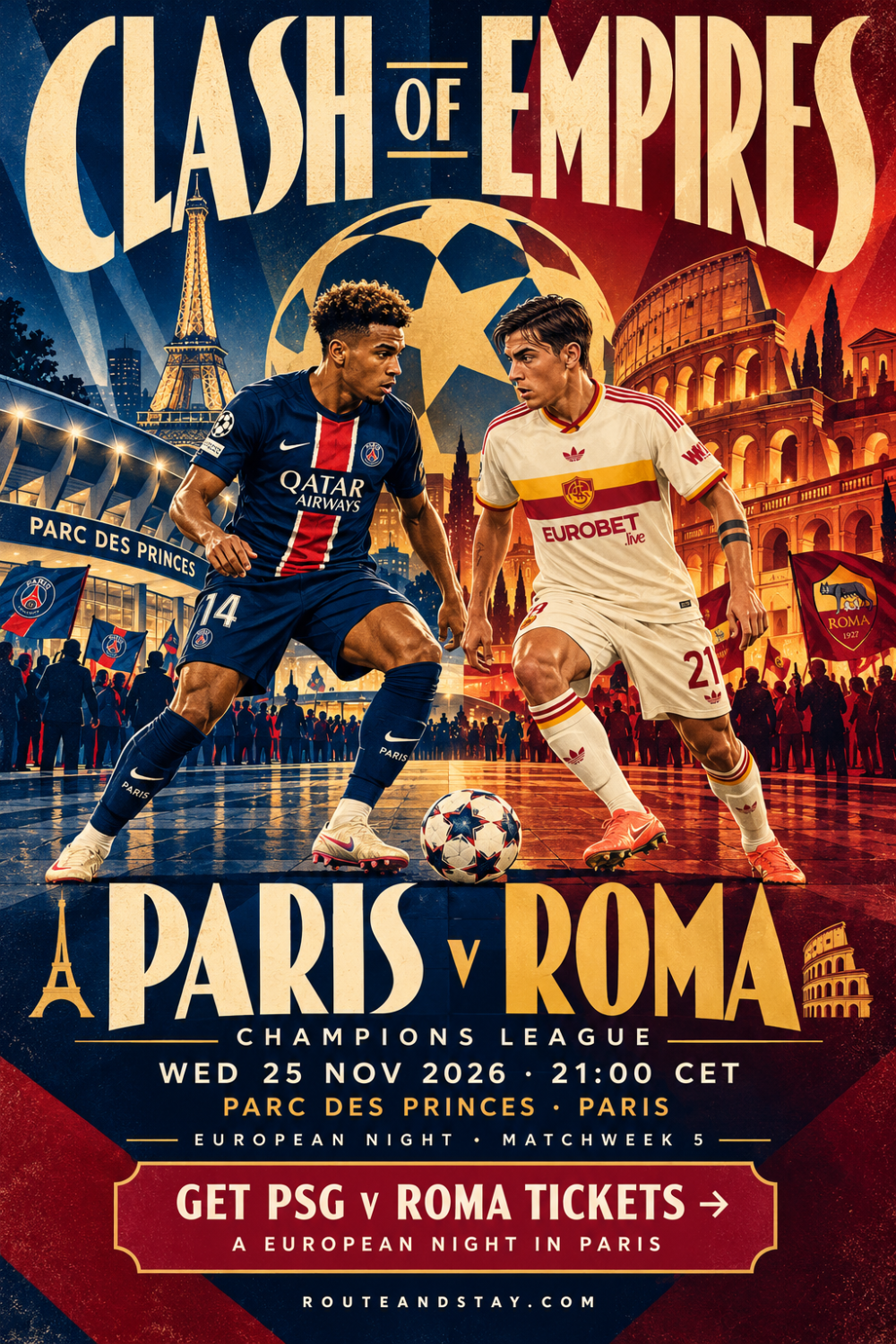 PSG v Roma poster — Clash of Empires, Champions League at the Parc des Princes on 25 November 2026