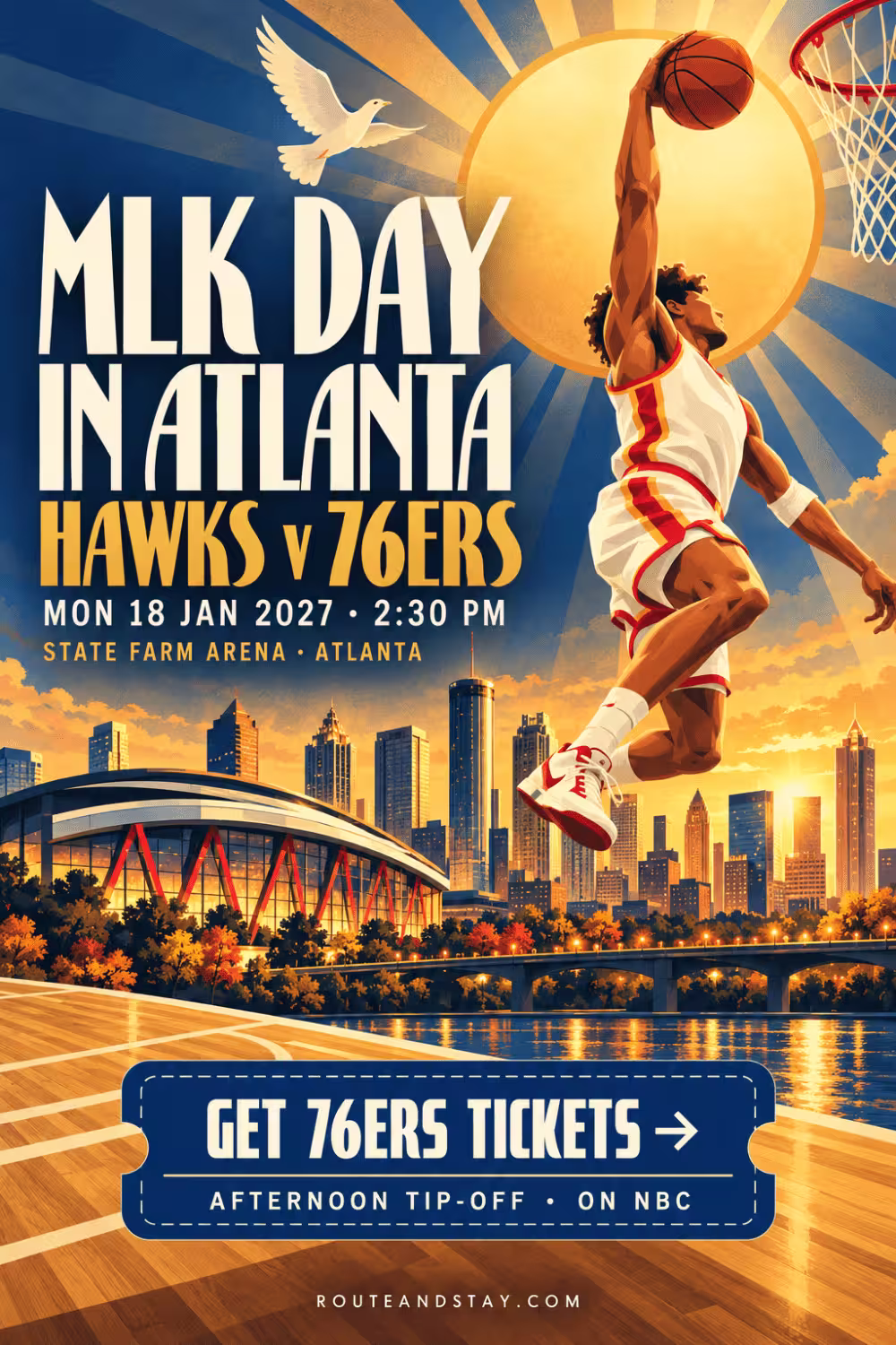 Art deco poster of a basketball player dunking in golden light with the text MLK Day in Atlanta, Hawks v 76ers, 18 January 2027.