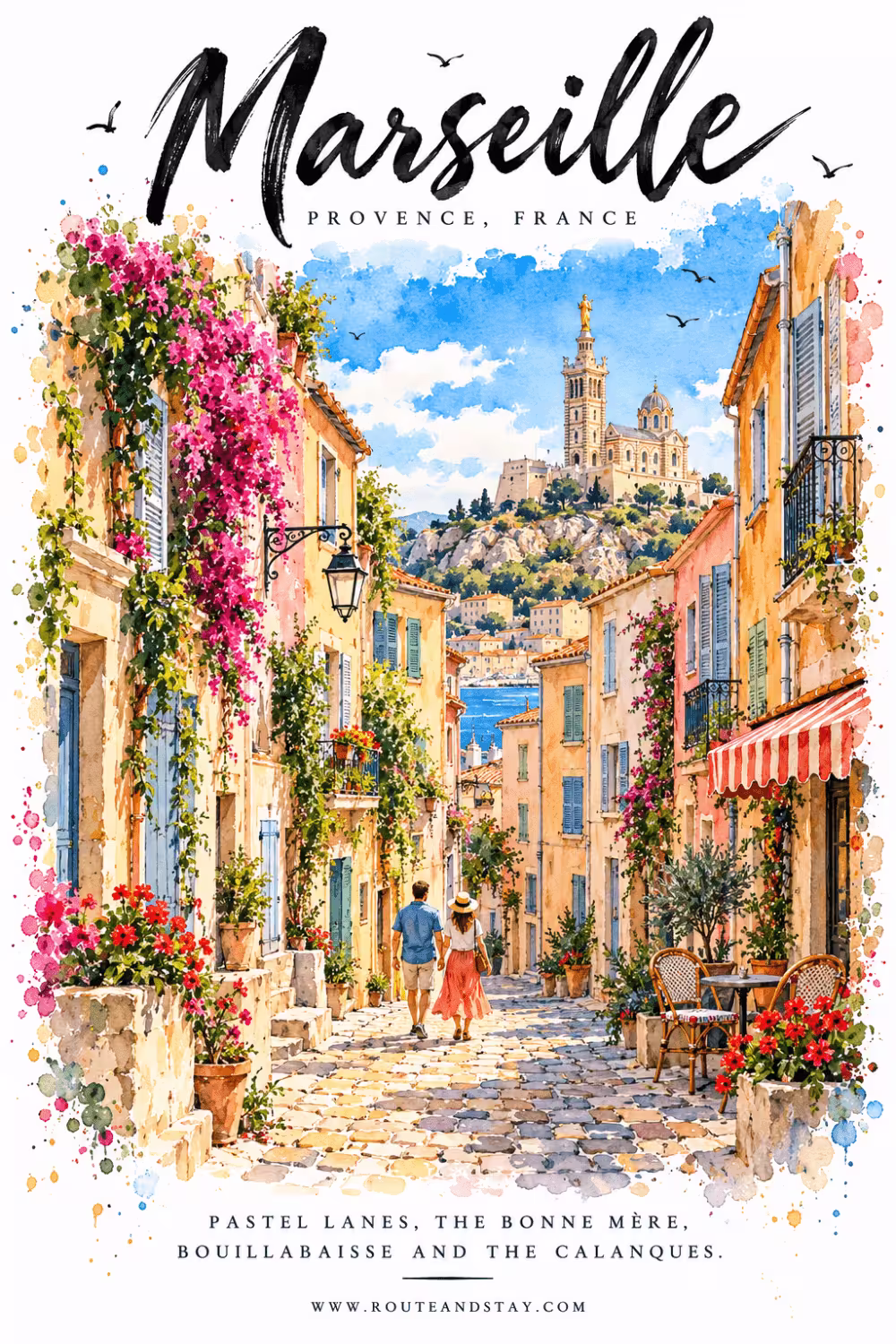 Collage of nine Marseille experiences, including the Vieux-Port, Notre-Dame de la Garde, the Calanques and bouillabaisse, titled Marseille Bucket List