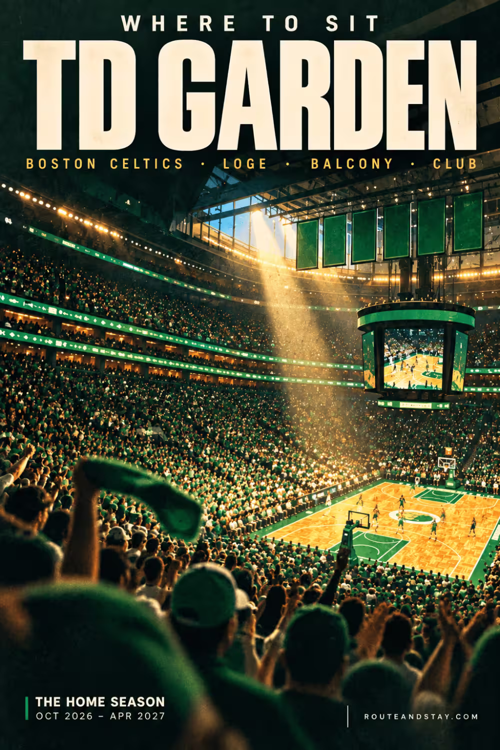 Painted illustration of a basketball player leaping to dunk in a packed arena of cheering fans in green, with the text Every Celtics Home Game, 2026/27, TD Garden, Boston.