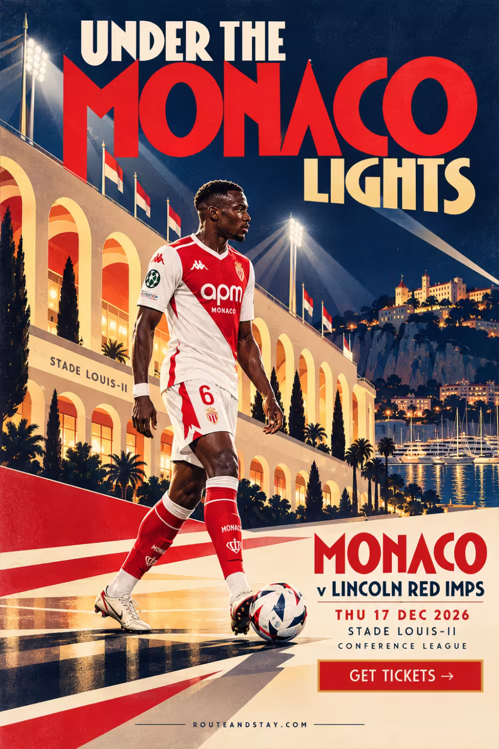 Monaco v Lincoln Red Imps poster — Under the Monaco Lights, Conference League at the Stade Louis II on 17 December 2026