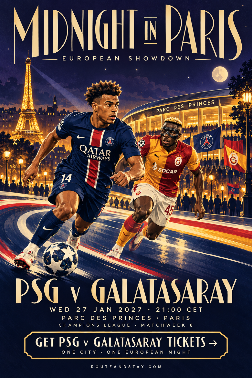 PSG v Galatasaray poster — Midnight in Paris, Champions League at the Parc des Princes on 27 January 2027