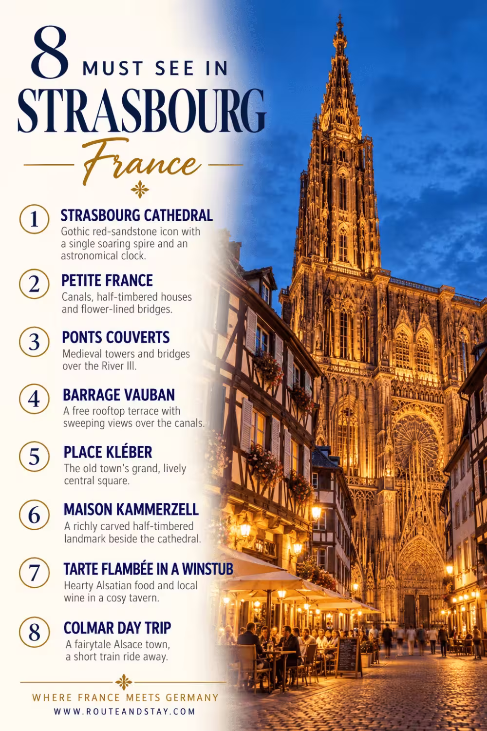 Strasbourg Cathedral at blue hour beside a list titled 8 Must See in Strasbourg, France