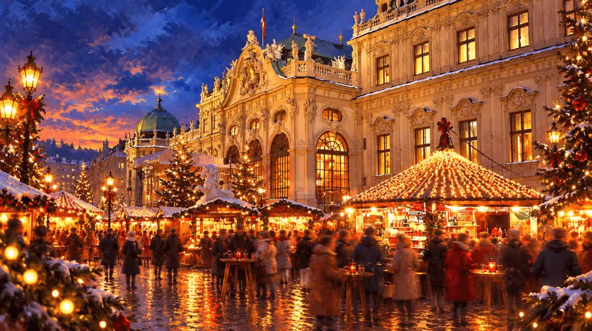 The K&K Christmas Market stalls against Belvedere Palace's illuminated Baroque grounds