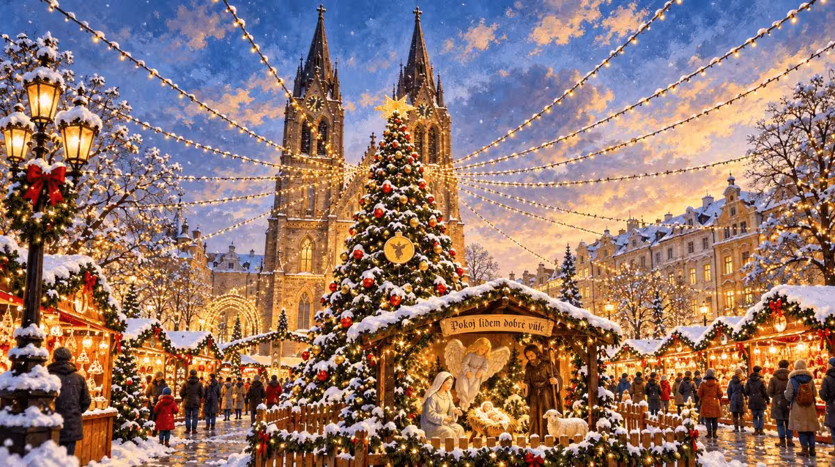 Christmas market in front of the Church of St Ludmila at Náměstí Míru, Prague