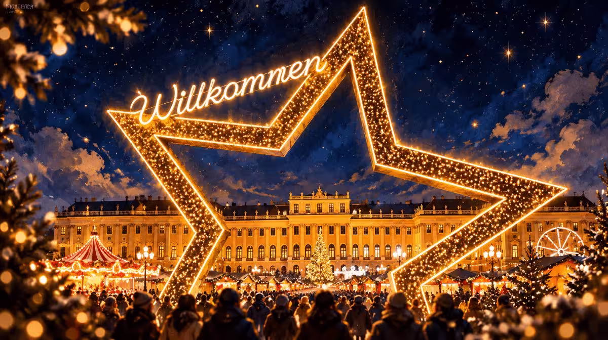 Christmas market stalls in front of Schönbrunn Palace's floodlit Baroque facade