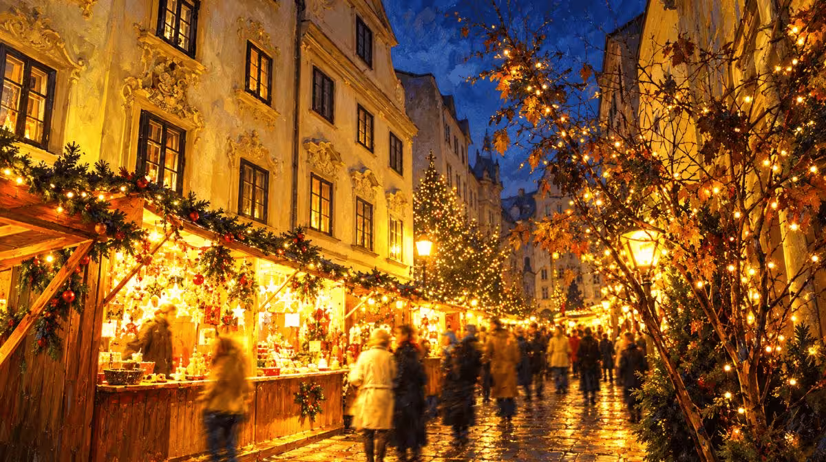 Lit Christmas stalls winding through Spittelberg's cobblestone streets in Vienna