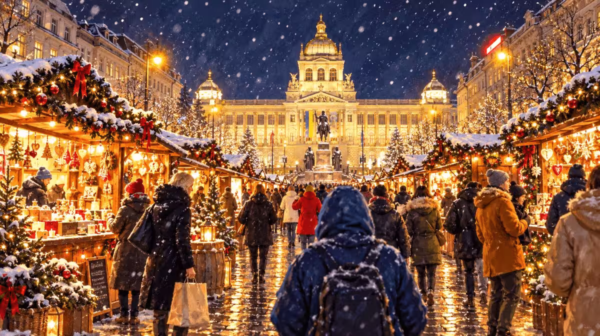 Christmas market stalls along Wenceslas Square in Prague