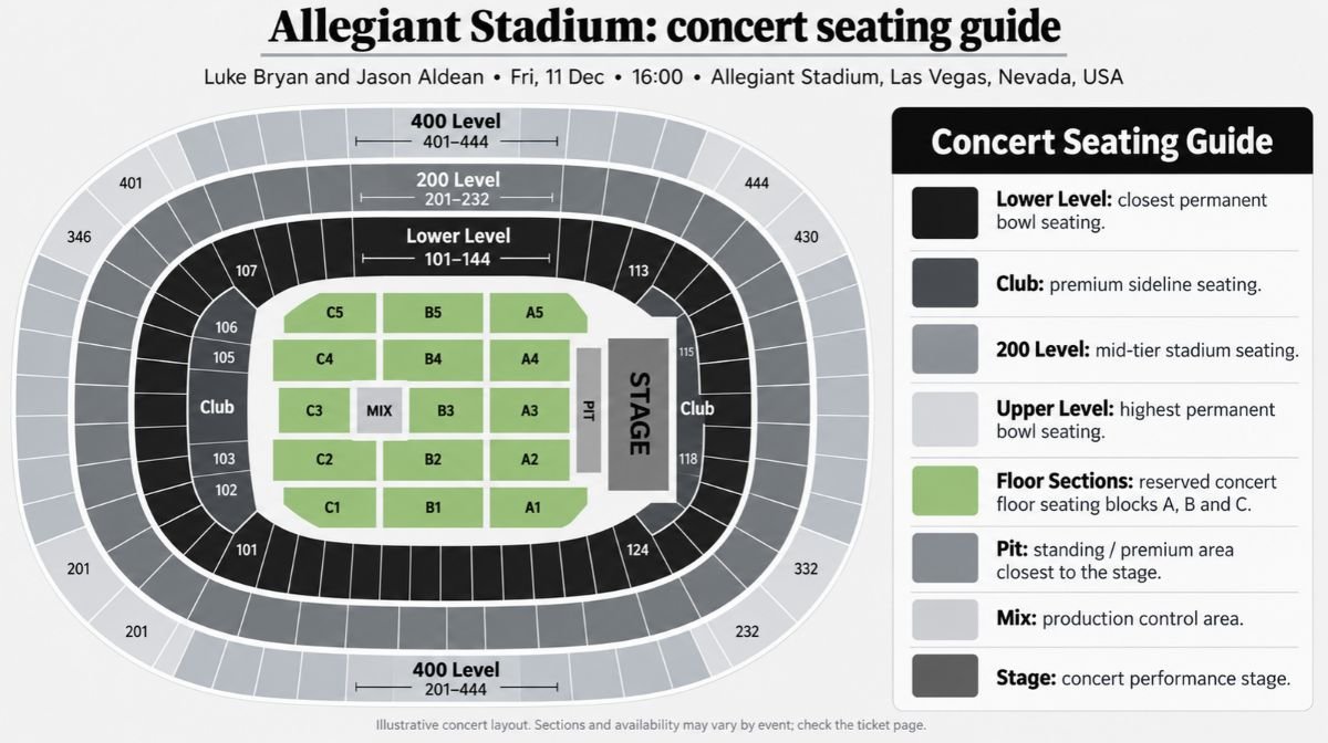 Allegiant Stadium concert seating map showing the stage, floor GA and lower and upper bowl sections