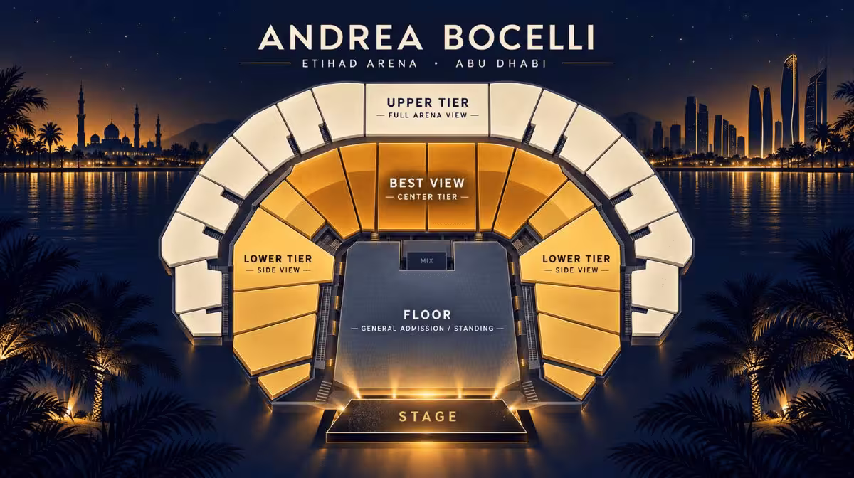 Andrea Bocelli Etihad Arena Abu Dhabi seating layout — floor, lower tier and upper tier