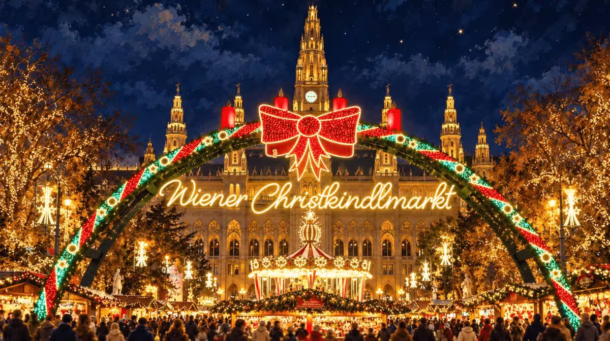 An Austrian Christmas market with lit wooden stalls and a decorated tree
