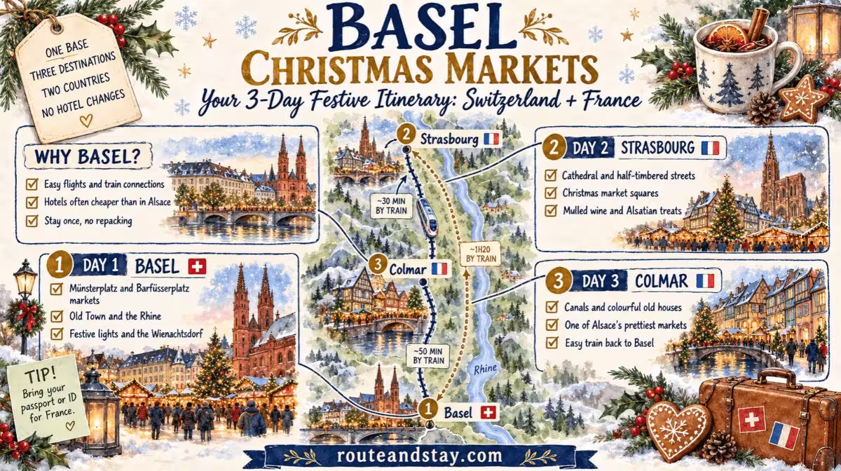 Illustrated 3-day Christmas market itinerary from Basel: Day 1 Basel, Day 2 Strasbourg, Day 3 Colmar, with train times on a map.