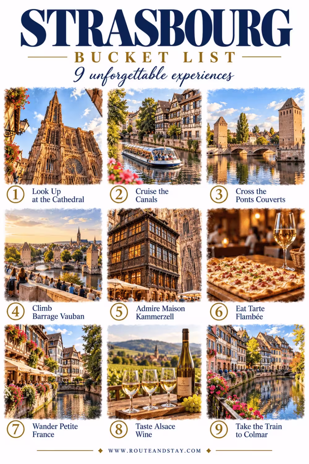 Collage of nine Strasbourg experiences, including the cathedral, canal cruise, Ponts Couverts and tarte flambée, titled Strasbourg Bucket List