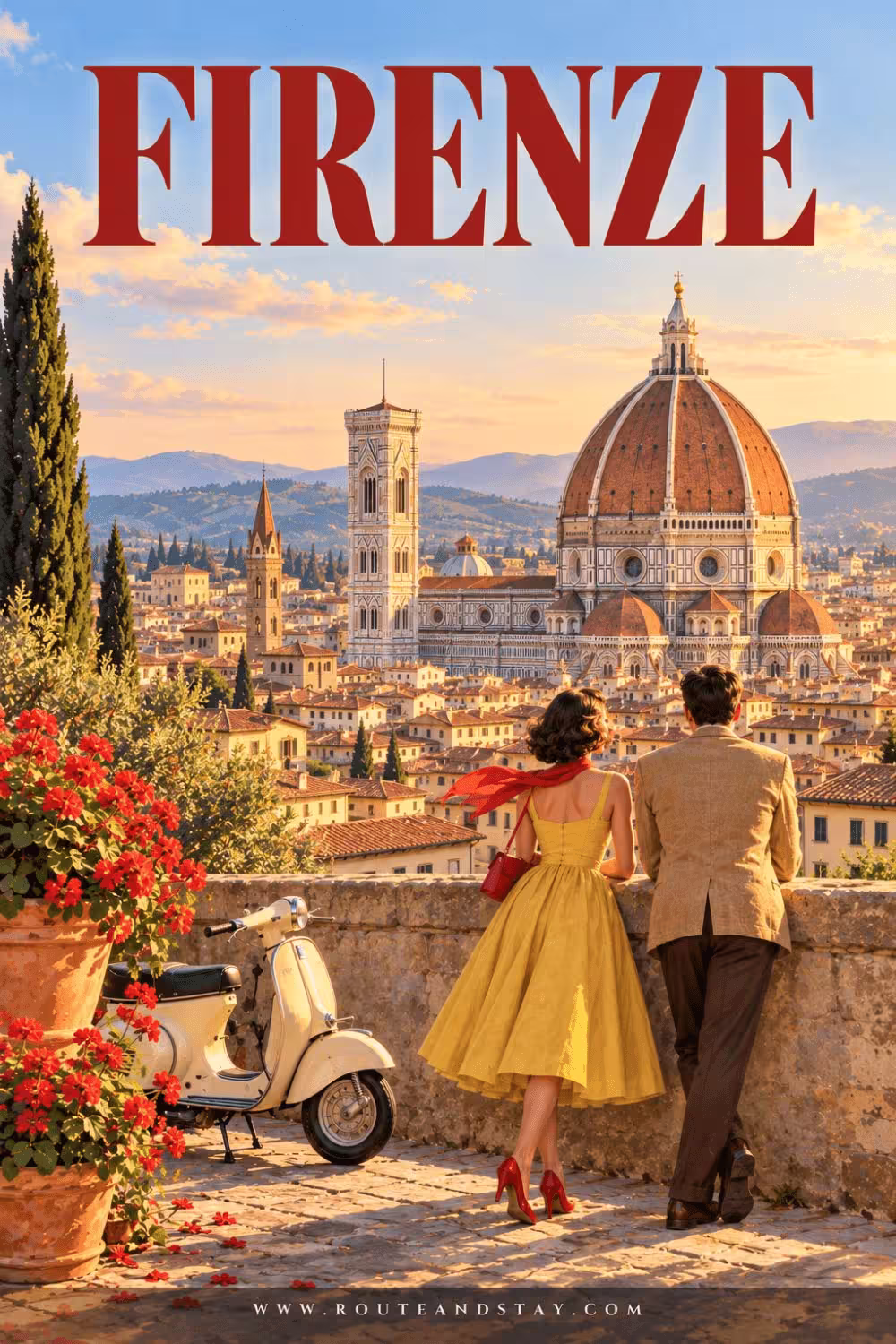 Vintage Firenze travel poster with the Duomo at golden hour