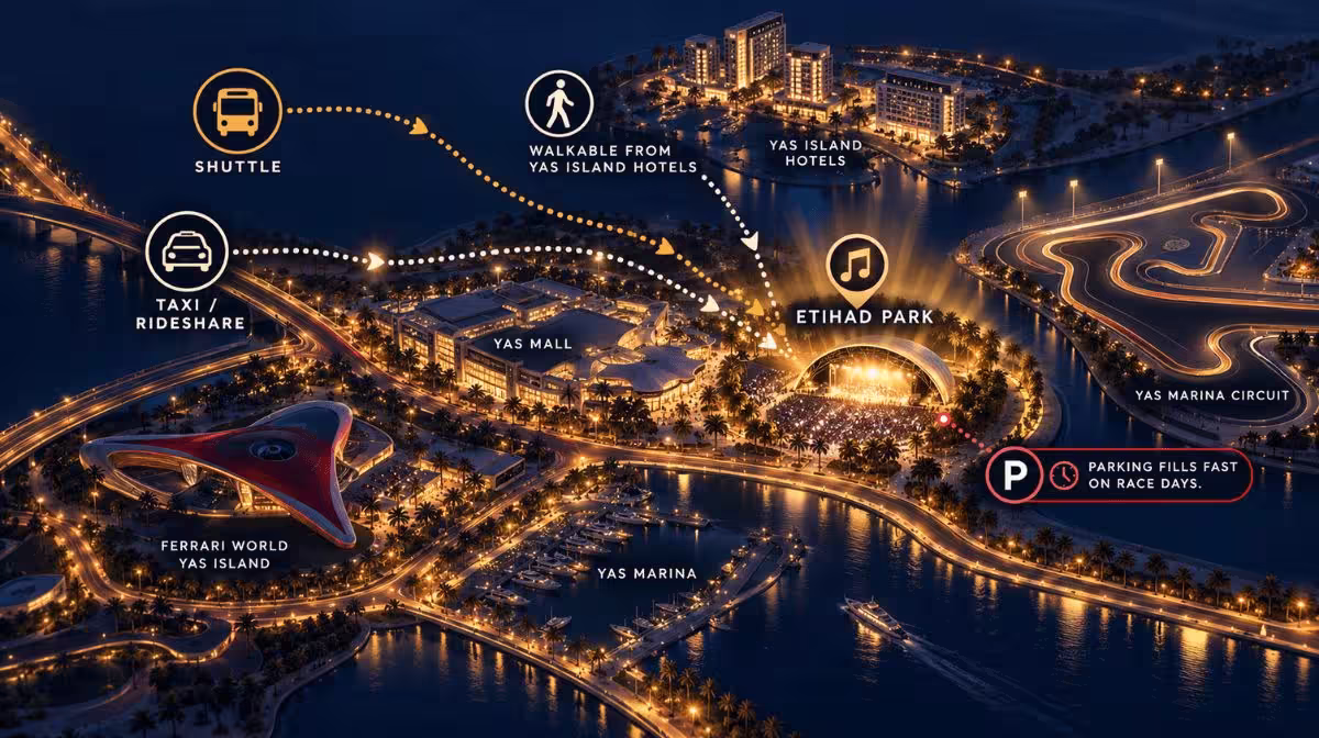 Map showing how to get to Etihad Park on Yas Island — shuttle, taxi, rideshare and walking routes from Yas Island hotels
