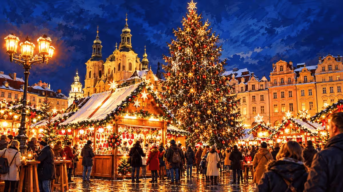 Christmas market on Kampa Island beside the Vltava in Prague