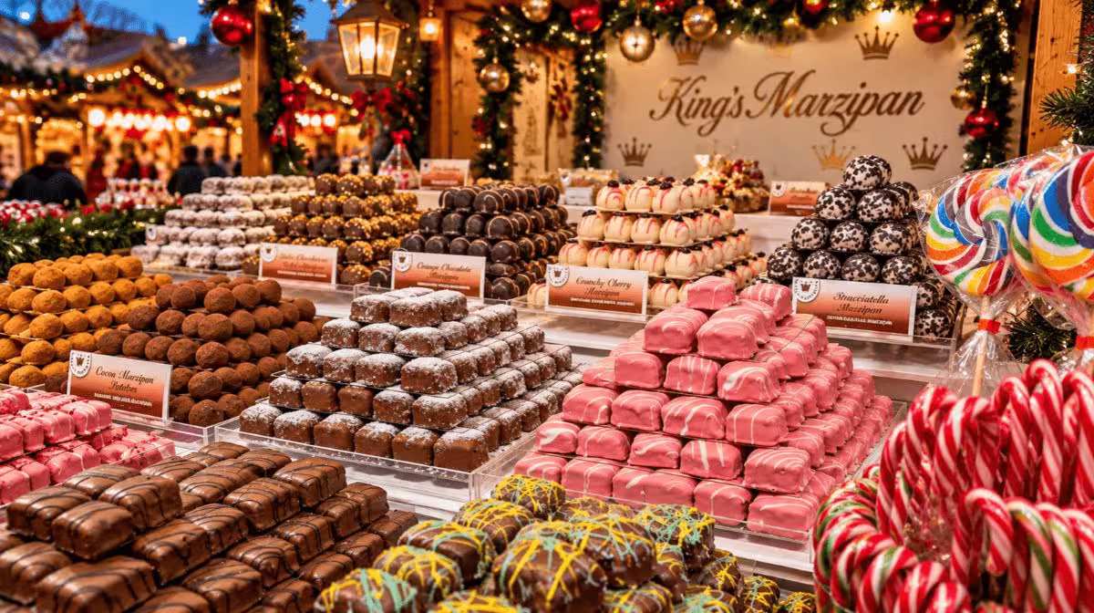 Marzipan and sweets display at a Budapest Christmas market