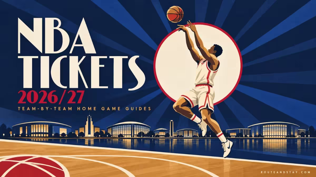 Art deco style poster of a basketball player mid-jump above a sunburst, with a row of arena silhouettes and a parquet court, with the text NBA Tickets 2026/27 and Team-by-Team Home Game Guides.