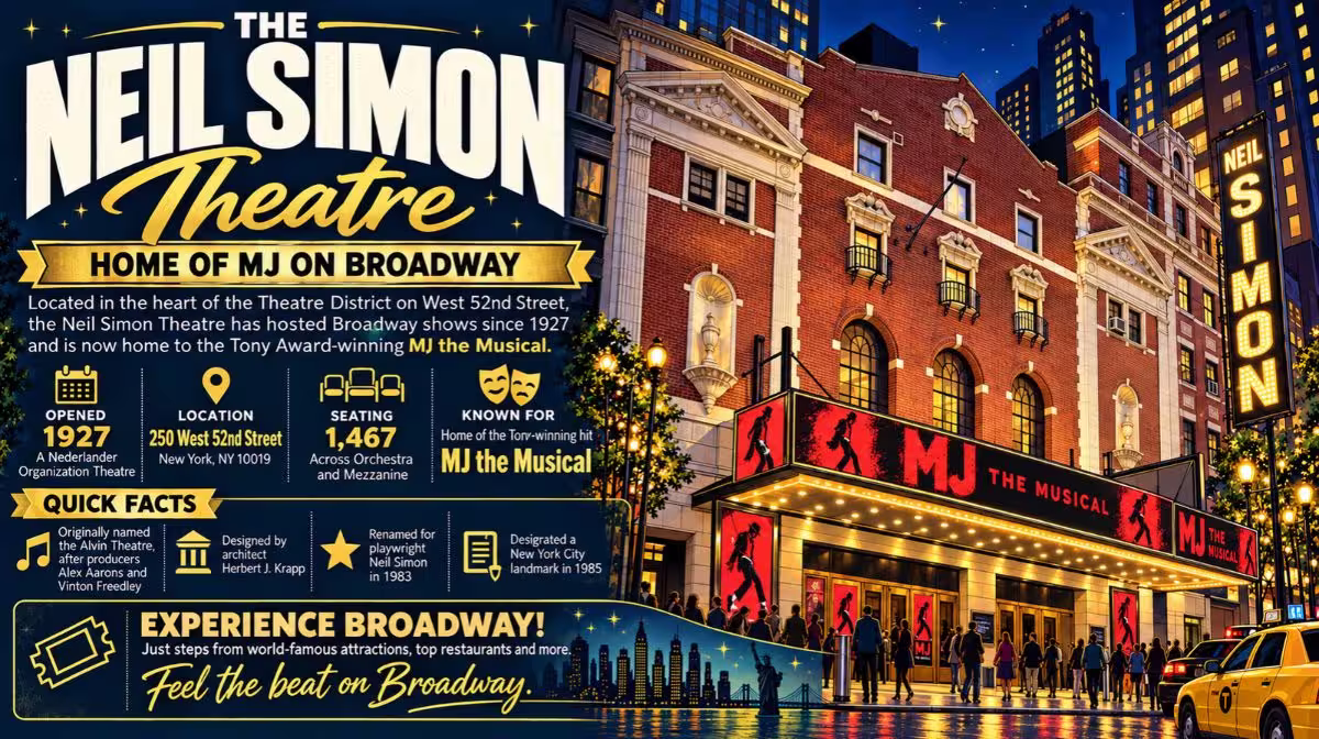 The Neil Simon Theatre facts: opened 1927, 250 West 52nd Street, 1,467 seats, home of MJ the Musical since 2022