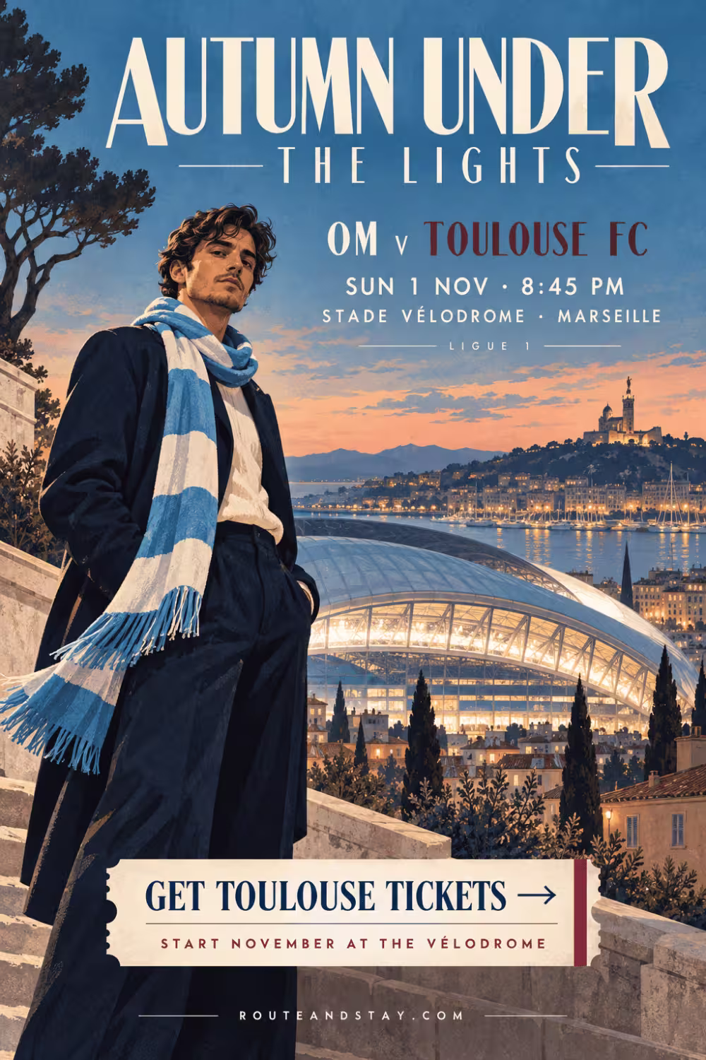 OM v Toulouse poster — Autumn Under the Lights, Ligue 1 at the Stade Vélodrome on 1 November 2026