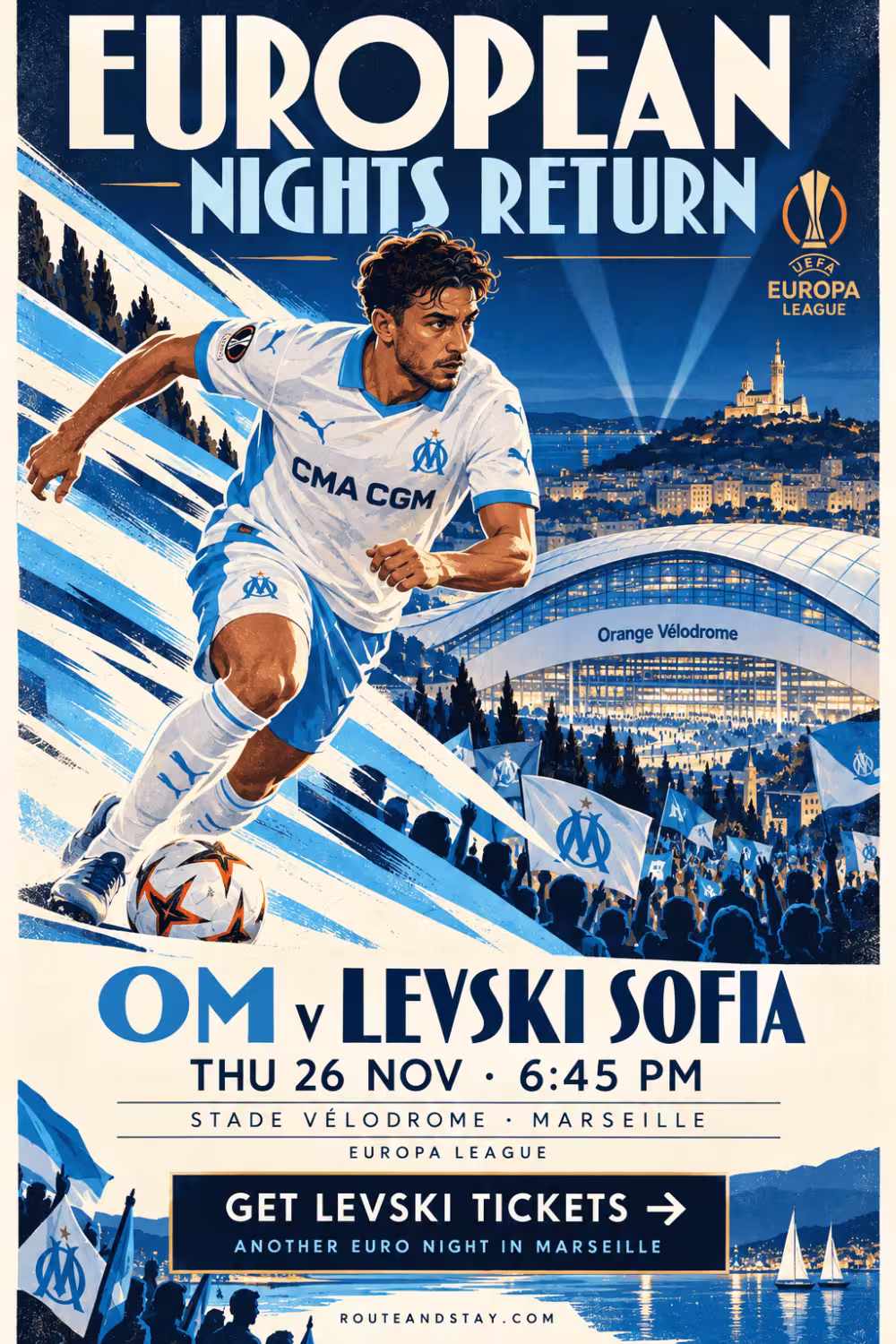 OM v Levski Sofia poster — European Nights Return, Europa League at the Stade Vélodrome on 26 November 2026