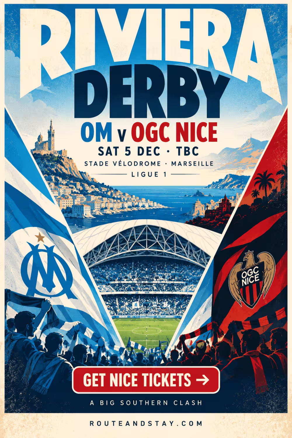 OM v Nice poster — Riviera Derby, Ligue 1 at the Stade Vélodrome on 5 December 2026