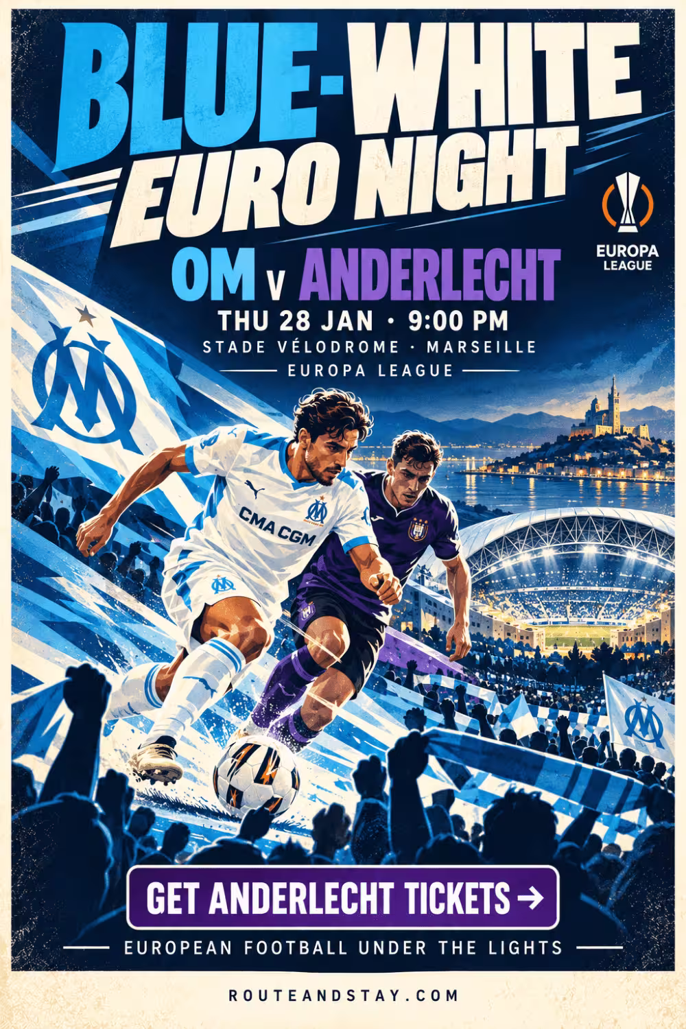 OM v Anderlecht poster — Blue-White Euro Night, Europa League at the Stade Vélodrome on 28 January 2027
