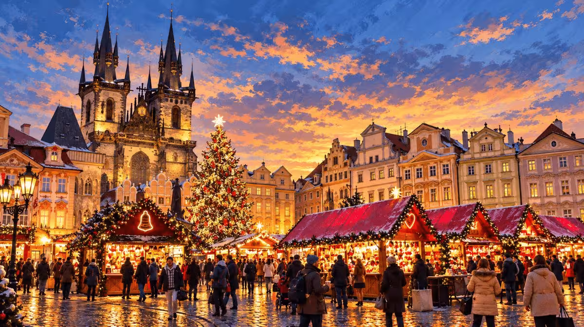 Old Town Square Christmas market with stalls beneath the towers of Týn Church in Prague
