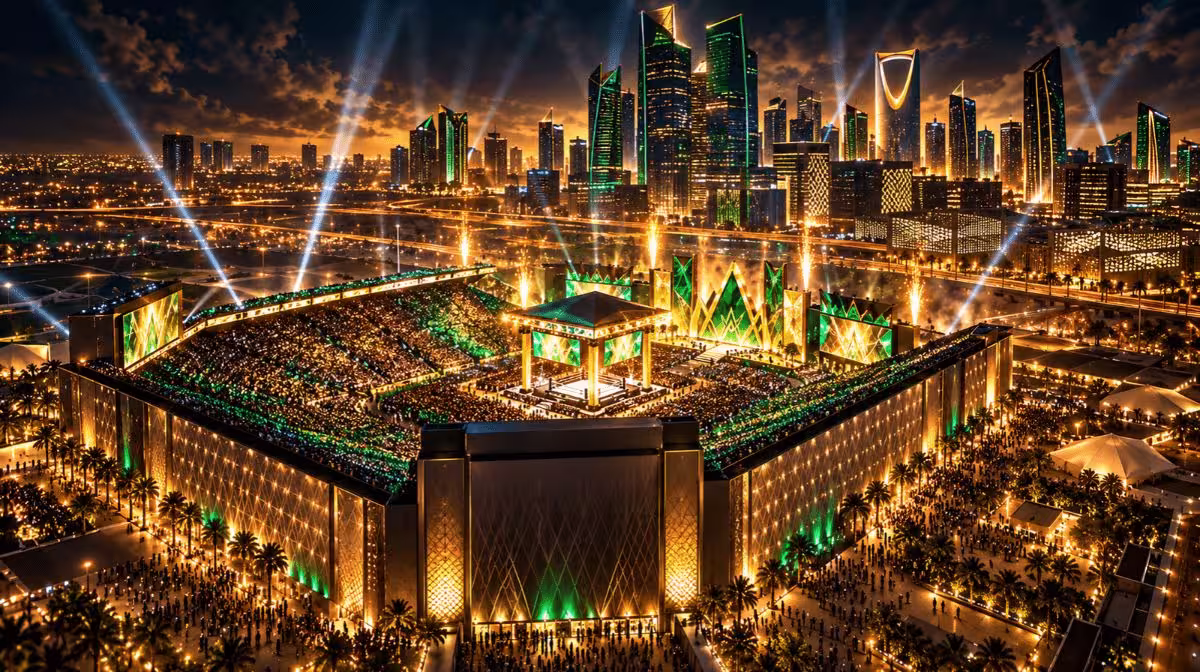 Riyadh Season Stadium and the KAFD skyline in Riyadh, venue of WWE Crown Jewel 2026