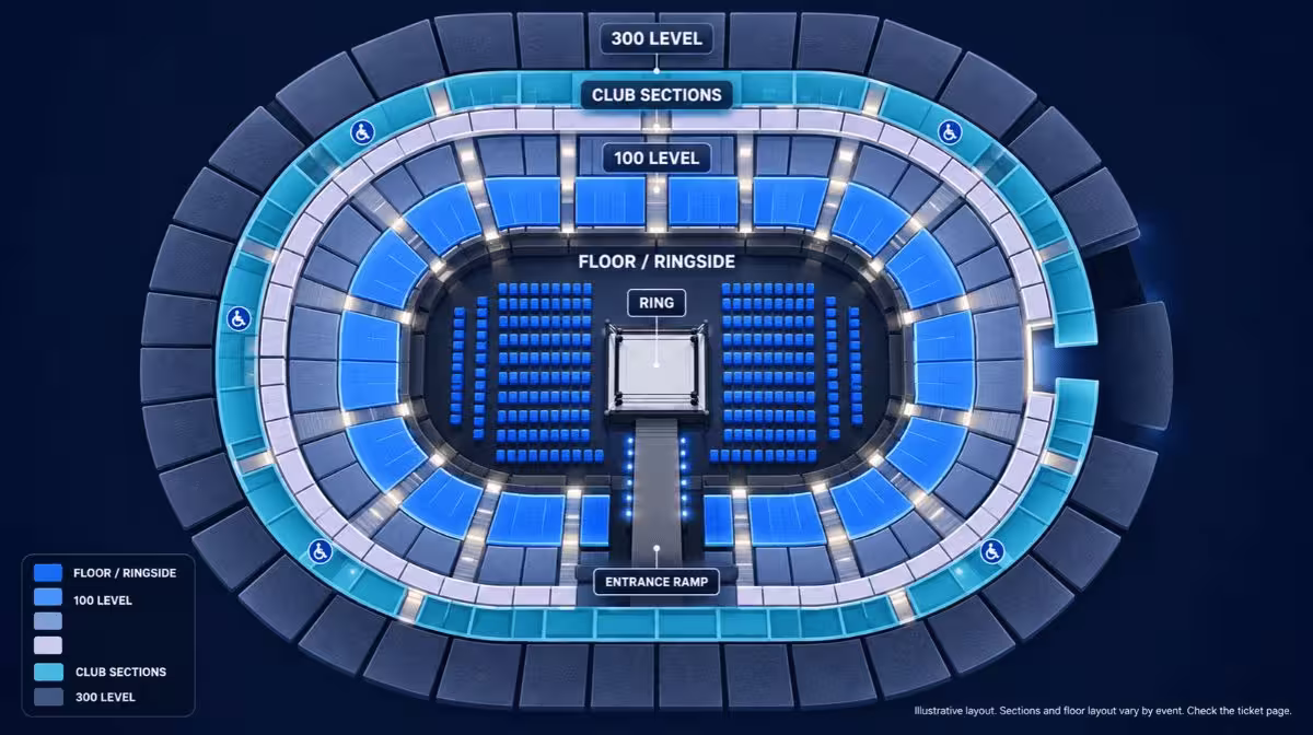 Illustrated seating guide for WWE SmackDown at Amerant Bank Arena in Sunrise, showing the floor and ring, entrance ramp, 100 level, club sections and 300 level