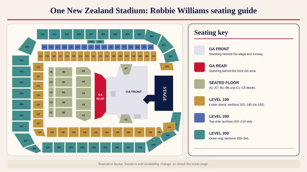Illustrated seating guide for Robbie Williams at One New Zealand Stadium, showing the stage, GA Front and GA Rear standing areas, seated floor blocks and the 100, 200 and 300 levels