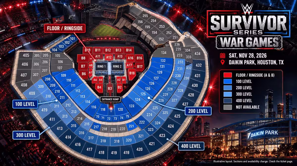 Illustrated seating guide for Survivor Series at Daikin Park in Houston, showing the floor sections, rings, entrance ramp and the 100, 200, 300 and 400 levels