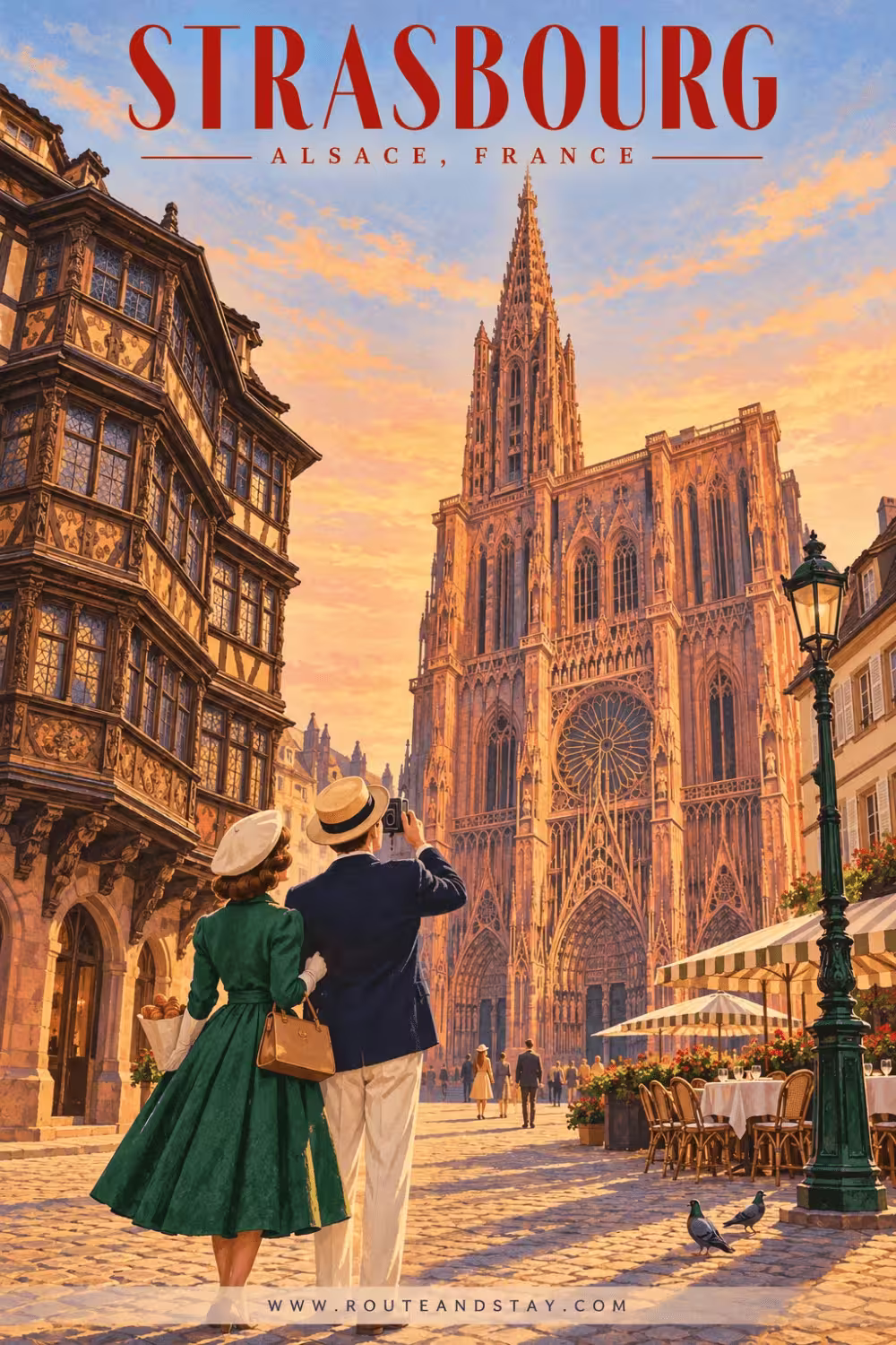 Vintage-style travel poster of a couple looking up at Strasbourg Cathedral at golden hour, with the title Strasbourg, Alsace, France