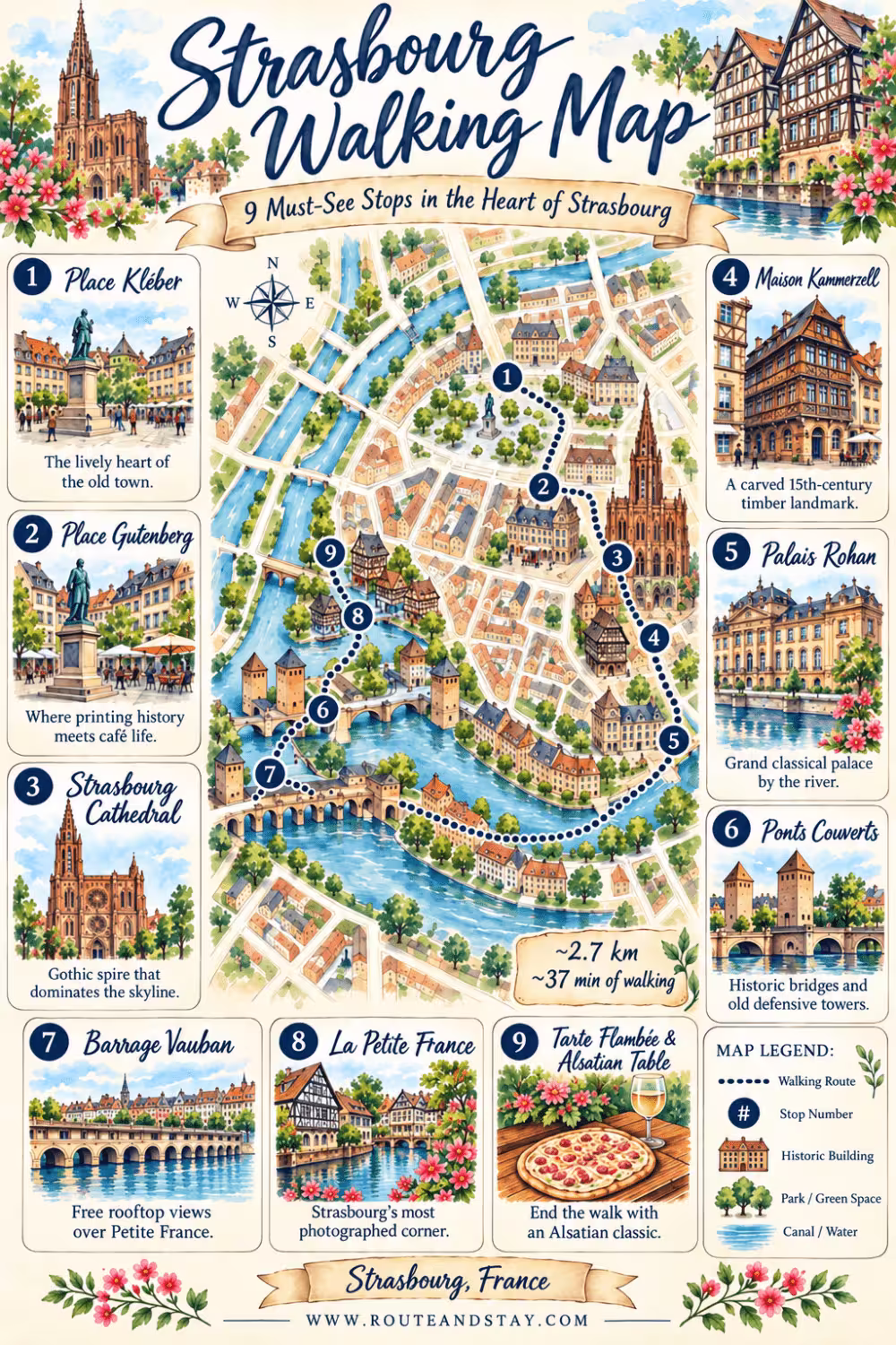 Illustrated Strasbourg walking map with nine numbered stops from Place Kléber to La Petite France, 2.7 km and about 37 minutes on foot