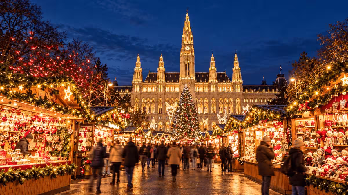 Vienna's Rathausplatz Christkindlmarkt lit up at dusk in front of City Hall