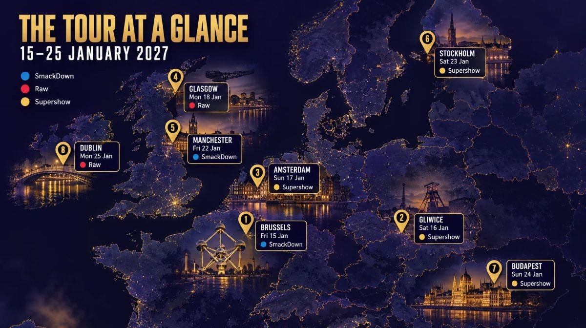 Map of the WWE Road to Royal Rumble 2027 European tour showing eight cities in date order, from Brussels on 15 January to Dublin on 25 January